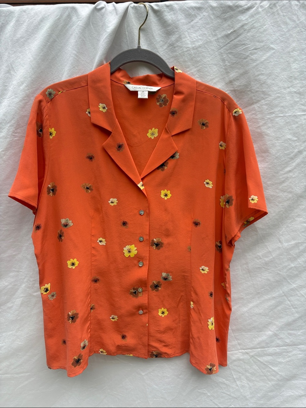 Casual Corner Silk Orange Floral Camp Collar Blouse